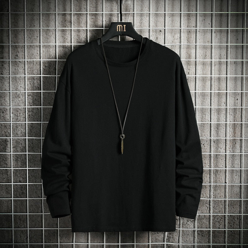 Men's Solid Color Classic Long Sleeve T-Shirt Casual Cotton Tops  Neck Pullover Tee Men Clothing