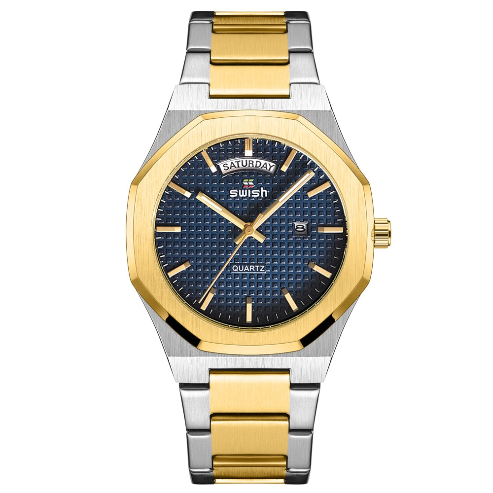New Octagonal Design Quartz Wristwatches Men Golden Stainless Steel Dress Watch Date/Week Functions Luxury Diver's Clock Man