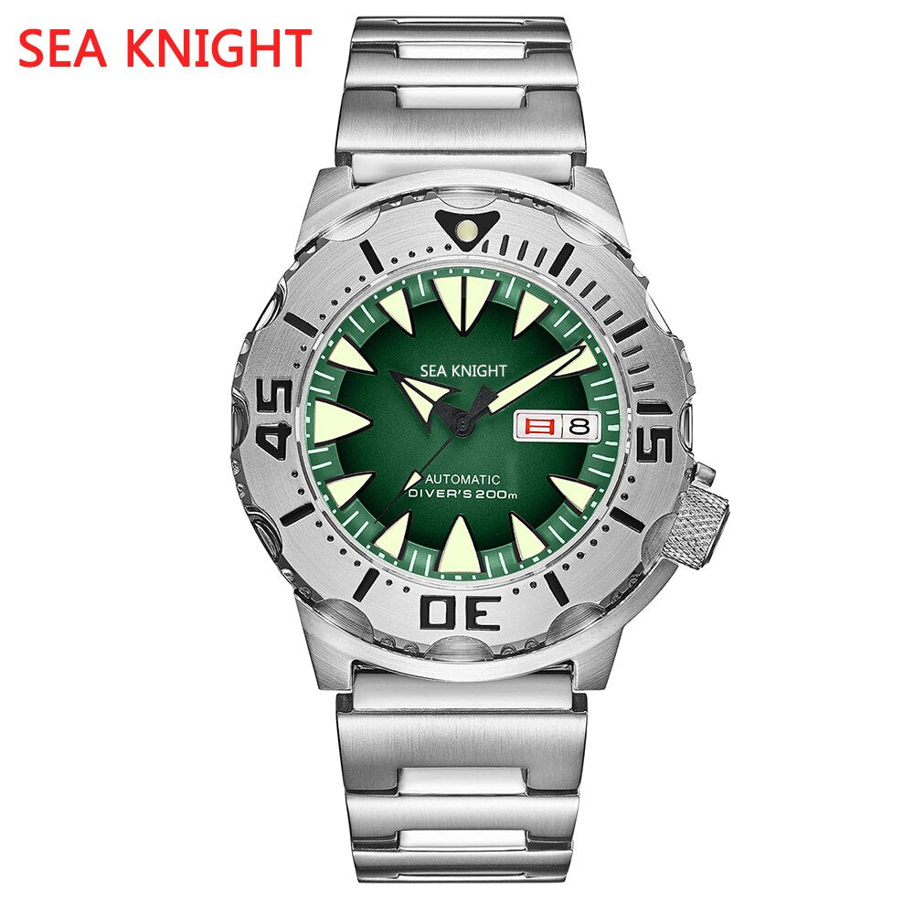 Sea knight Monster Automatic Watch Men NH36A Men's Mechanical Watches Sapphire Vintage Red Dial Green Luminous 200M Diver Watch