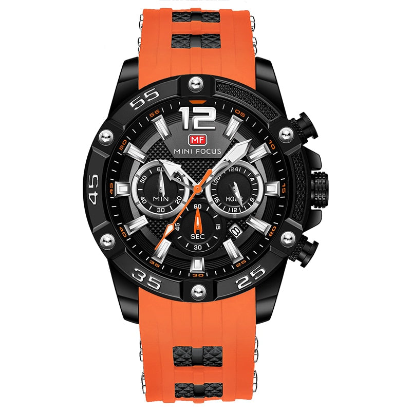 MINI FOCUS Orange Watch for Men Military Sport Chronograph Quartz Wristwatch with Silicone Strap Waterproof Luminous Hands 0349