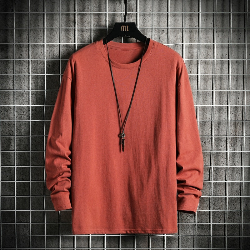 Men's Solid Color Classic Long Sleeve T-Shirt Casual Cotton Tops  Neck Pullover Tee Men Clothing
