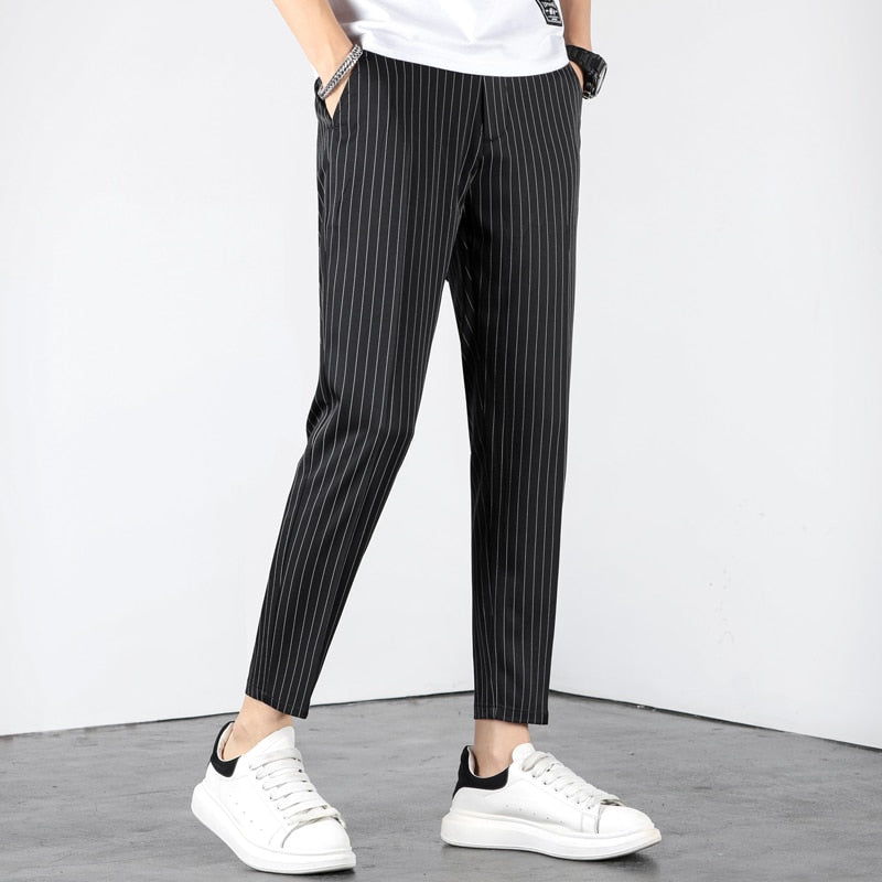 Summer Business Stripe Suit Pants Men Thin Formal Slim Fit Classic Work Ankle Length Straight Blue Trousers Brand Clothing 38