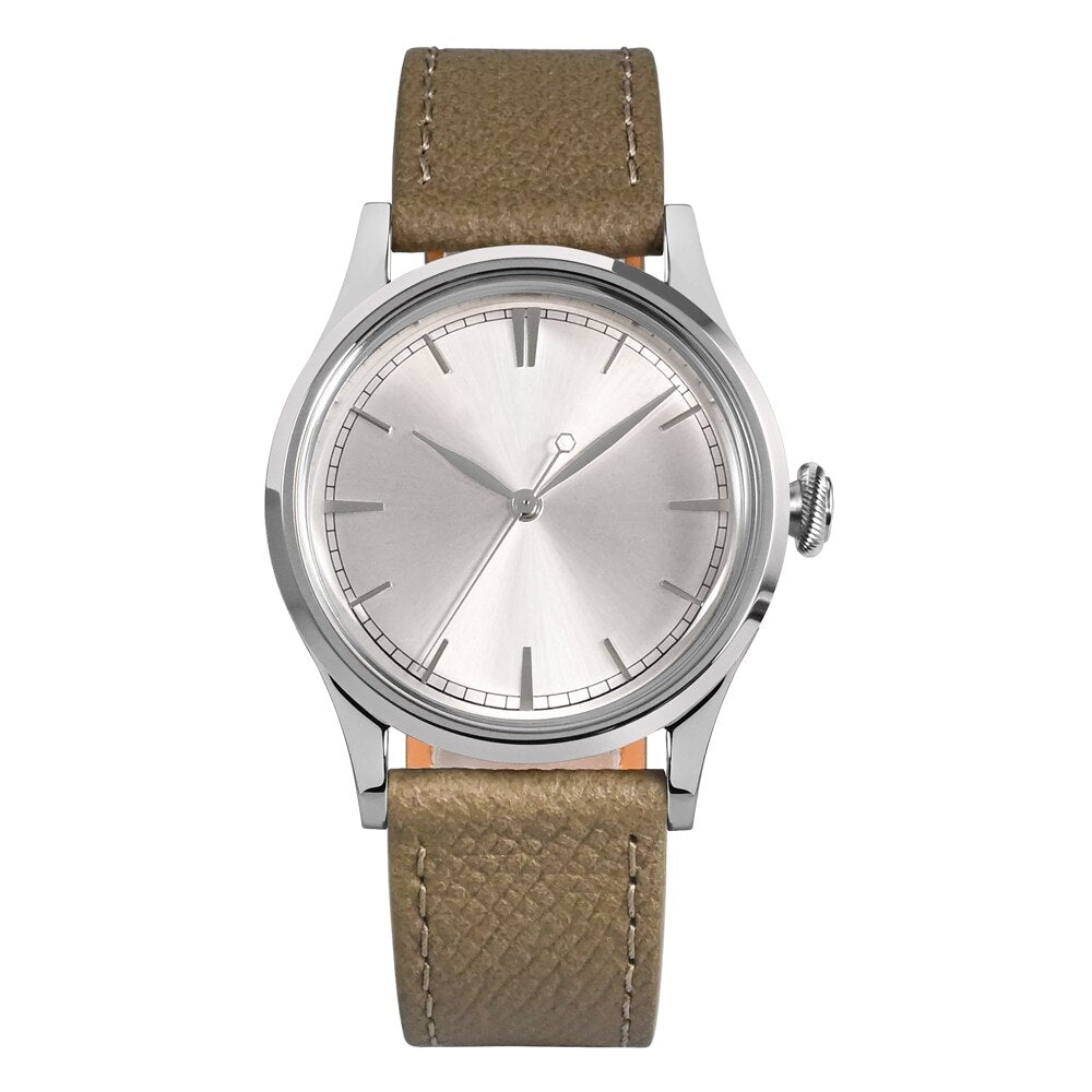San Martin Mens Dress Watch 38mm Sunray Salmon Dial Ronda 715/6004 Quartz Movement Vintage Simple Watches 5 Bar Leather Strap