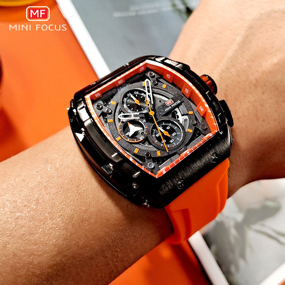 MINI FOCUS Chronograph Quartz Watch for Men Tonneau Dial Military Sport Wristwatch with Orange Silicone Strap Auto Date 0399