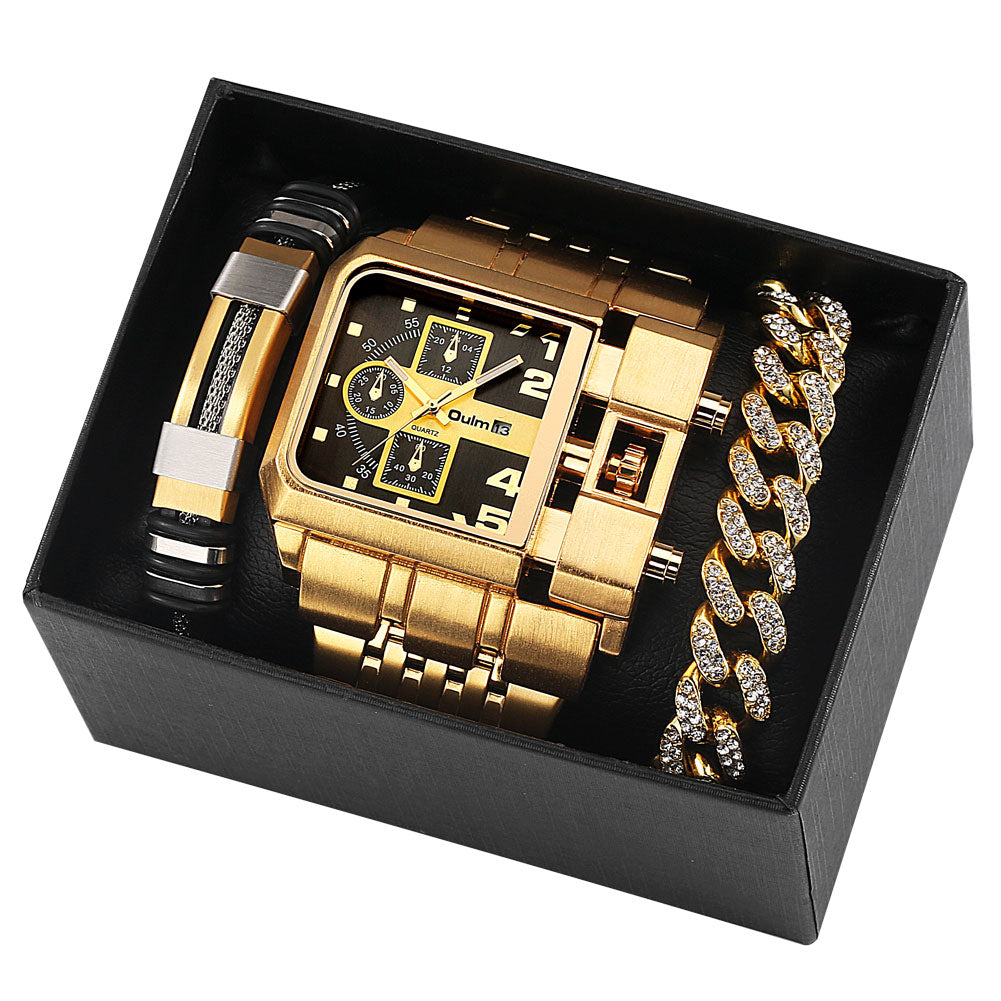 Top Brand Luxury Men Quartz Watch and Bracelet Set Business Gold Stainless Steel Big Dial Wristwatch Gift for Men Reloj Hombre