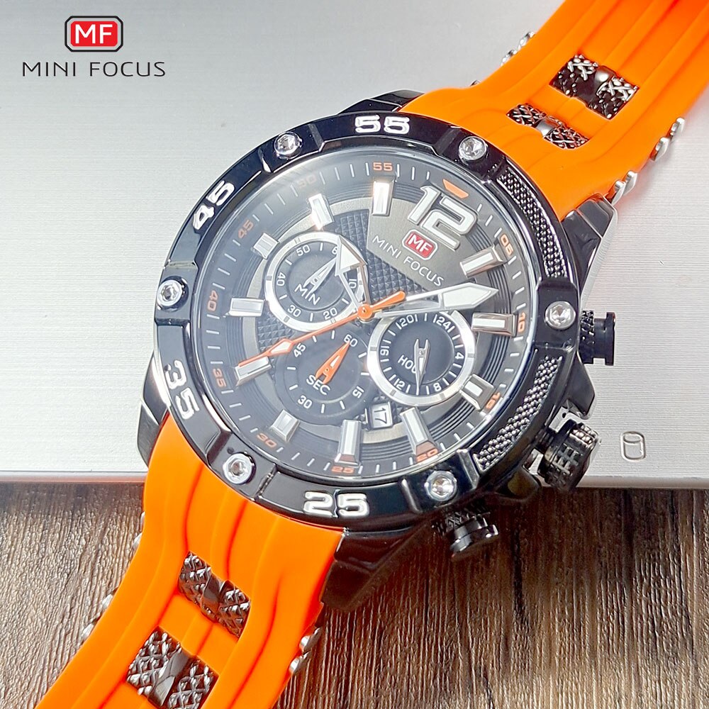 MINI FOCUS Orange Watch for Men Military Sport Chronograph Quartz Wristwatch with Silicone Strap Waterproof Luminous Hands 0349
