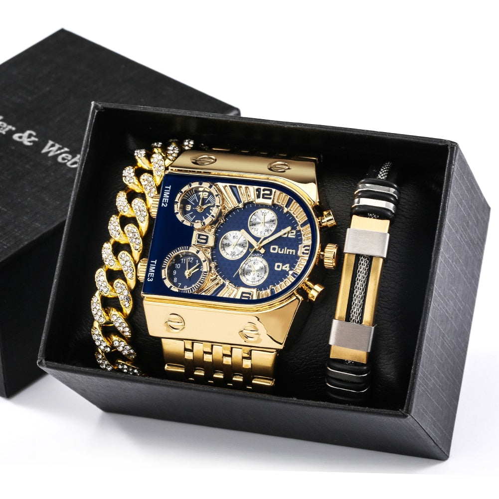 Top Brand Luxury Men Quartz Watch and Bracelet Set Business Gold Stainless Steel Big Dial Wristwatch Gift for Men Reloj Hombre