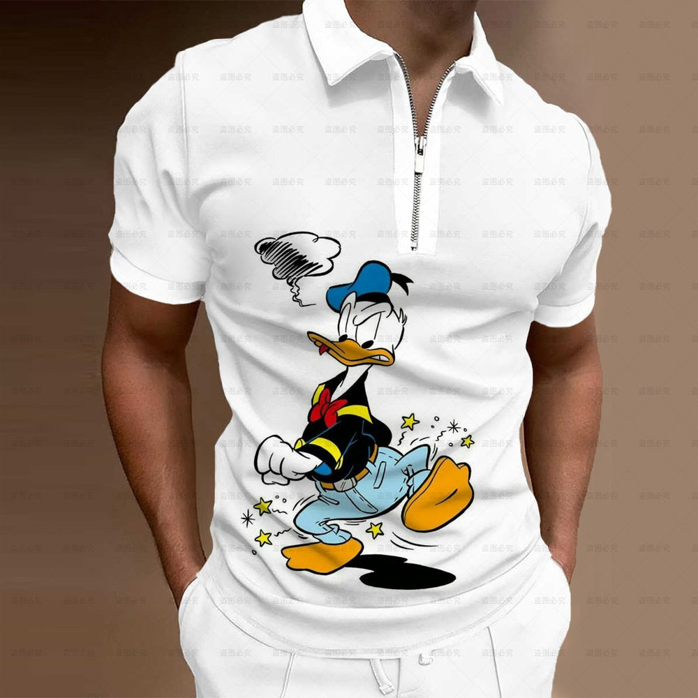 Summer Men's Clothing Polo Shirt Street Disney Mickey 3D Print Casual Short Sleeve T Shirt Men's Lapel Zip Polo Shirt