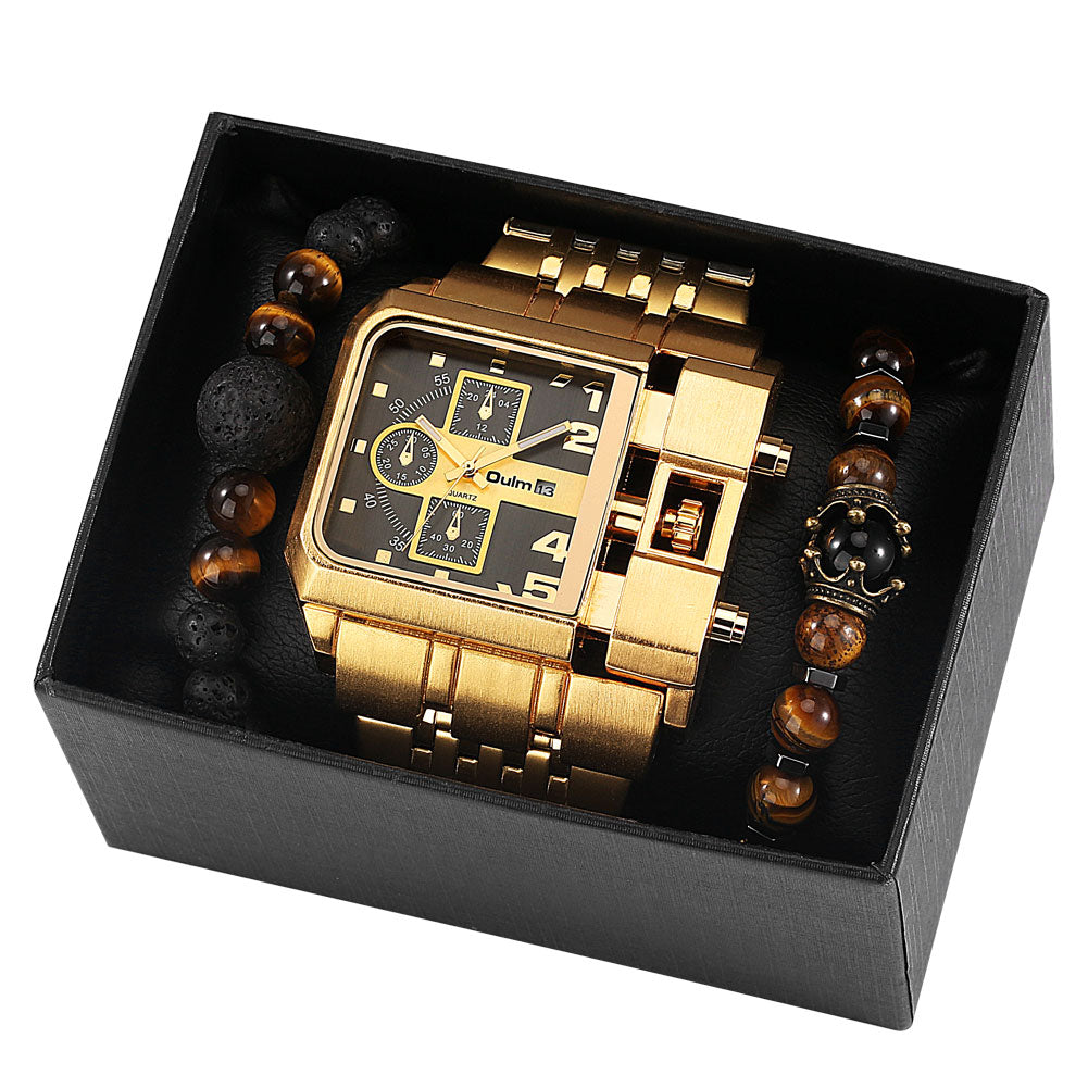 Top Brand Luxury Men Quartz Watch and Bracelet Set Business Gold Stainless Steel Big Dial Wristwatch Gift for Men Reloj Hombre