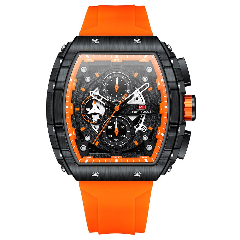MINI FOCUS Chronograph Quartz Watch for Men Tonneau Dial Military Sport Wristwatch with Orange Silicone Strap Auto Date 0399