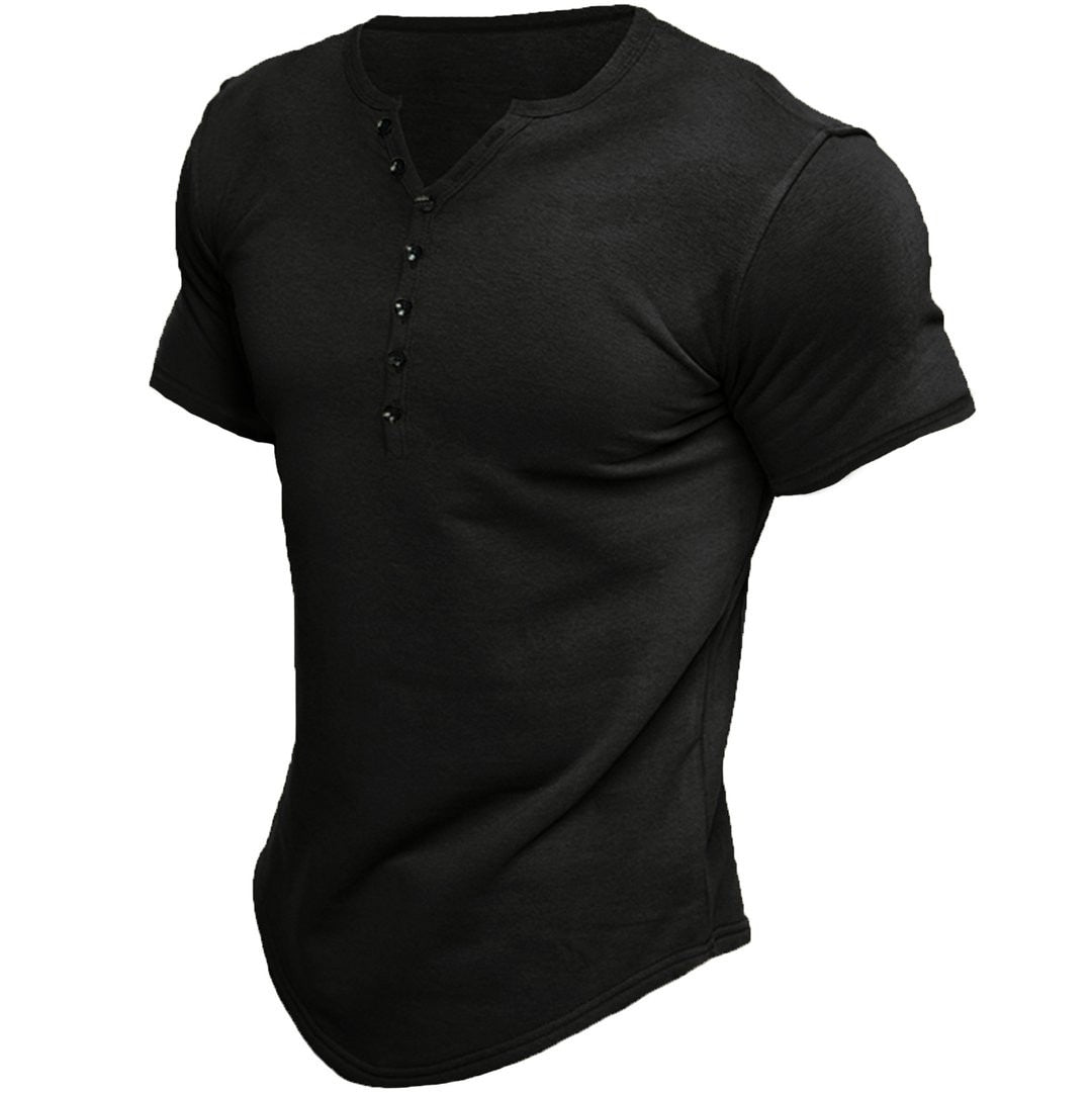 New Harajuku Cotton Henley Shirt for Men Solid Button Short Sleeve T-shirt Loose Casual Tops Men Free Shipping Male Clothing