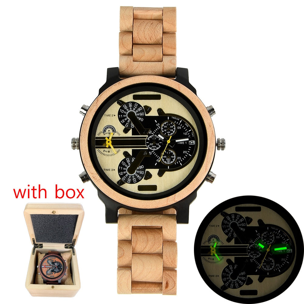 Large Wooden Watch Dial, Mens Watches, Dual Time Zone,Montre En Bois Homme,Reloj Madera,Sport Clock, Red Wood Wristwatch For Men