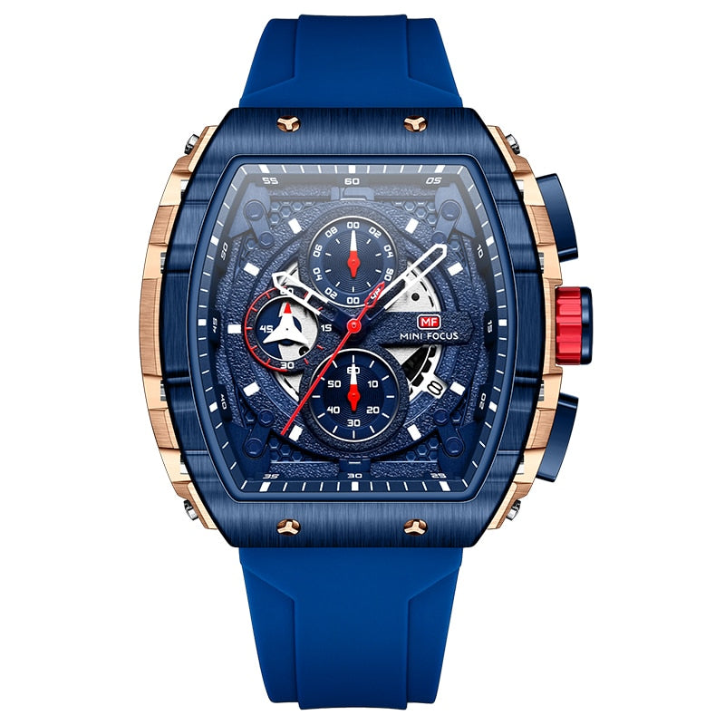MINI FOCUS Chronograph Quartz Watch for Men Tonneau Dial Military Sport Wristwatch with Orange Silicone Strap Auto Date 0399
